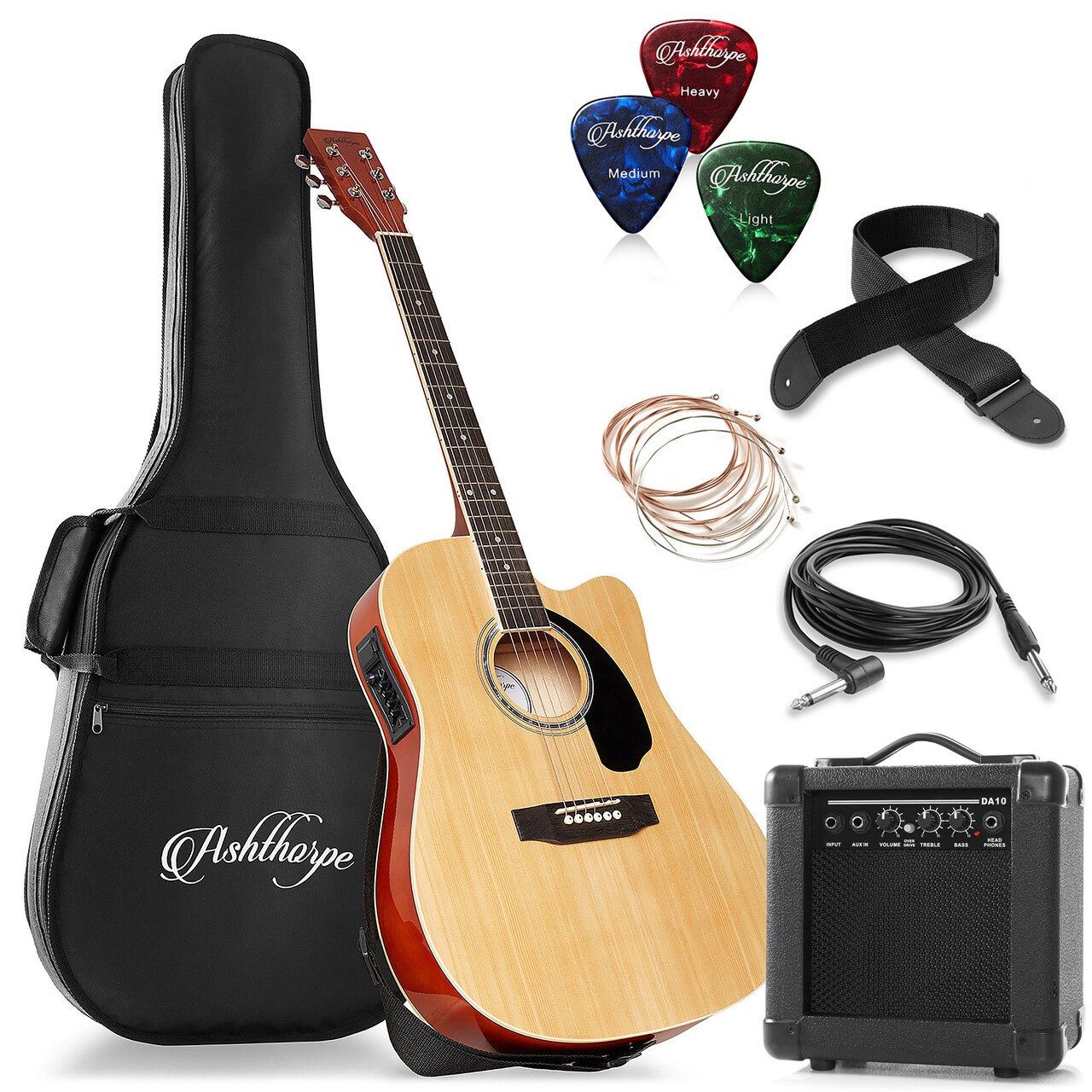 Ashthorpe Full-Size Thinline Cutaway Acoustic Electric Guitar Package with 10 Watt Amp
